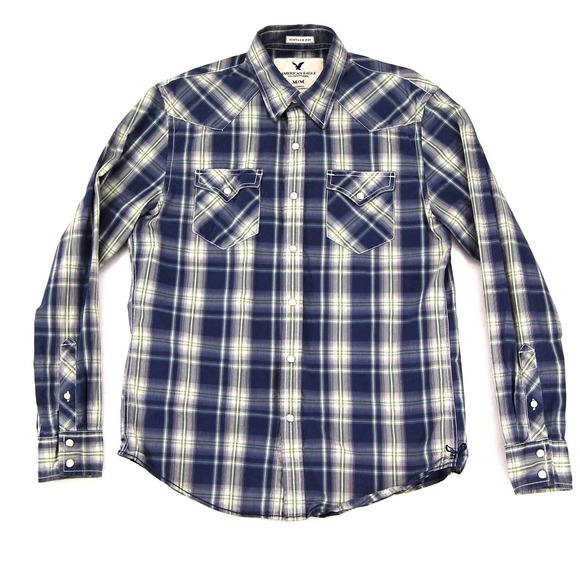 American Eagle Outfitters Shirt Mens Medium Blue Plaid Western Snap Vintage Fit - Picture 2 of 10
